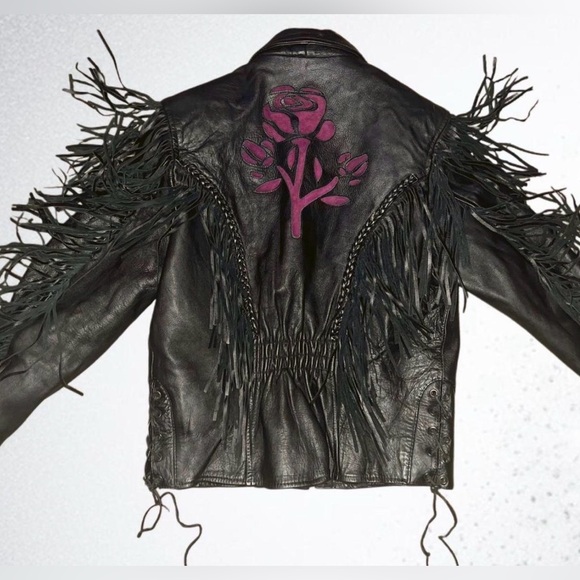 Vintage 90’s Geniune Leather Fringe Braided Rose Biker Jacket 💟 - Picture 6 of 6